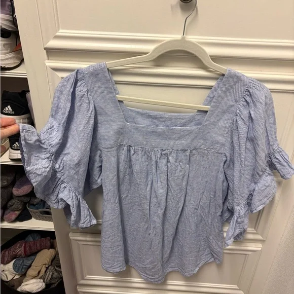 Beach lunch lounge linen cotton top blue stripe Medium Boho - Picture 1 of 4